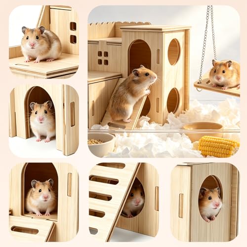 Hamster Wooden Maze House with Slide, Double-Decker Hut and Small Swing, Hideout Play Toys for Dwarf Hamsters, Gerbils, Mice and Other Small Animals (Only for Small Hamsters)