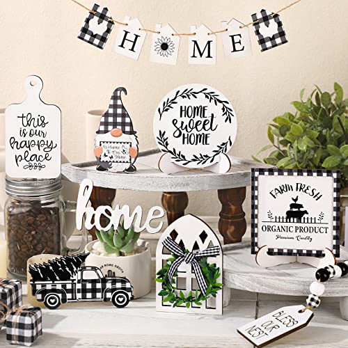 FairySandy 11 Pcs Home Tiered Tray Decor Buffalo Plaid Black and White Rustic Farmhouse Tiered Tray Decorations Set Home Wooden Signs Vintage Animal Tabletop Wood Signs for Kitchen Table Shelf Decor - style: Buffalo Plaid