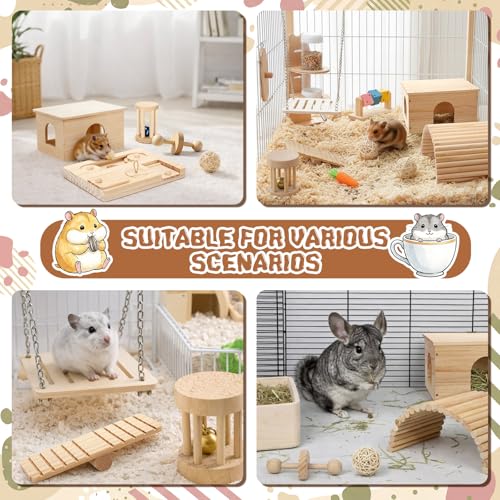 Leinuosen 19 Pcs Hamster Cage Accessories Toy Set Large 12*9*7 Inch Wood House with Window and Water Bottle with Stand Foraging Toy Hideout Hamster Climbing for Starter Guinea Pig Small Animal Habitat