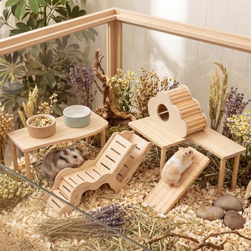 BreezeHug 4 Pcs Hamster Cage Accessories Hamster Platform Hideout Wooden Tunnel Ladder Playhouse Game Climbing Toy with Platform for Pets Dwarf Syrian Mice Degus Gerbils Squirrel(L-Shaped) - style: L-shaped