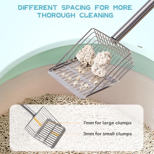 Metal Cat Litter Scoop with Holder Stainless Steel Kitten Poop Scooper, 17.5" Heavy Duty Pet Poop Sifter for Cat Box, Long Handle Large Waste Shovel, Fast Sifting Big Clumps, Solid & Durable - size: stainless steel