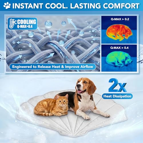 PetAmi Dog Cooling Mat, Sea Shell Shape, Pet Pad with Cooling Nylon & Soft Fleece, Q-Max > 0.4 Reversible All Season Blanket for Dogs & Cats, Large 51x59 in, Light Grey - color: Light Grey, size: Large