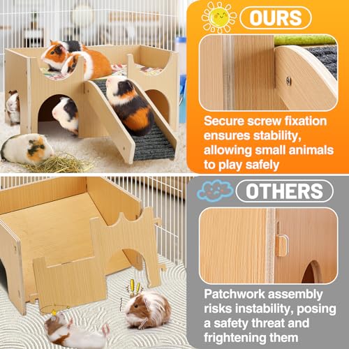 MEWTOGO Upgraded Sturdy Wooden Guinea Pig Castle with Stairs & Mat | Easy to Assemble, Sturdy, Playing Hiding House, for Hamsters Bunny Chinchillas Small Animals - size: Large