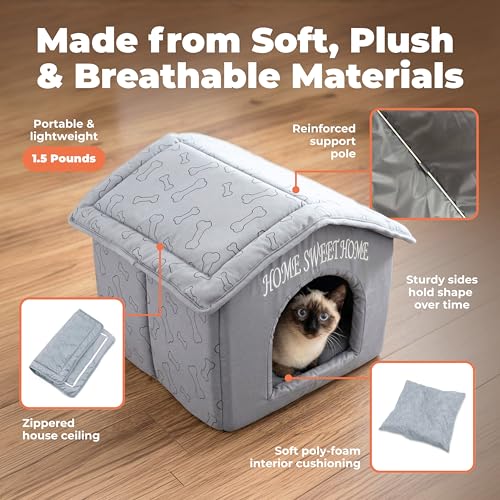 Best Pet Supplies Cat Bed for Indoor Cat, Domed Tent House with Removable Pillow, Covered Cat Cave for Small Dog, Puppies and All Breeds of Cats - Silver w/ Bones, 16 x 16 x H:14" - color: Silver w/ Bones, size: 16" x 16" x H:14"
