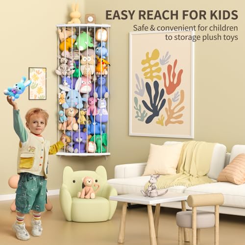 Jtksfcl Stuffed Animal Storage, Corner Stuffed Toy Shelf for Kids Room | Wall Mounted, Length Adjustable, Plush Toy Storage and Organizer for Nursery Play Room Bedroom