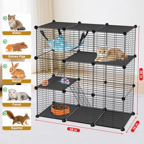 VISCOO Cat Cage, 3-Tier DIY Catio Cat Enclosures, 36"x16"x36" Cat Playpen | Indoor & Outdoor with Hammock, Detachable Metal Wire Kennel Cats Crate, 3x1x3 Exercise Place for 1-2 Kitten/Squirrel - size: 16.5"L x 12.6"W x 5.5"H