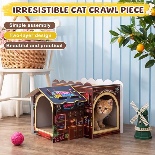 Lineshading 2 Story Cardboard Cat House with Scratcher Pad, Multi Level Durable Cat Scratcher House for Small Kitten Bunny Rabbit Animals Christmas Birthday Gift(17x12x10,Bar) - style: Bar