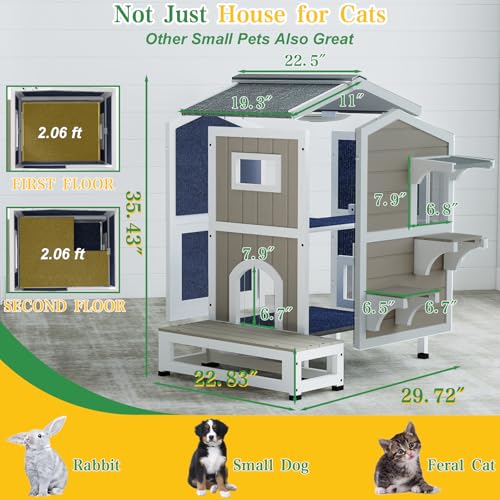 Outdoor Cat House Weatherproof Cats Shelter for Feral Kitten Pet Houses for 1-2 Small Animlas 2 Story Wooden Houses for Indoor Outdoor Cats with Escape Doors (29.7"D x 22.8"W x 35.4"H In) - style: 29.7"D x 22.8"W x 35.4"H In