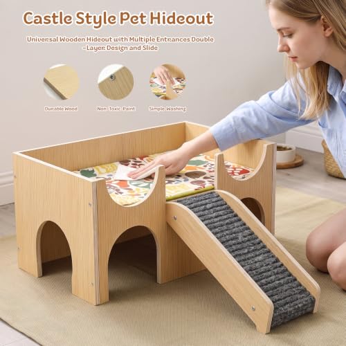 Large 2-Tier Guinea Pig Castle Hideout with Non-Slip Ramp for Small Animals | Play, Climb & Rest，Fun Toy & Cozy Hideout，Sturdy & Durable，Chew-Resistant Wood，Easy Assembly，for Hamsters, Bunny, Chinchillas