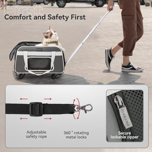 Petsfit Cat Carrier with Wheels, Removable Spinner Wheels, Up to 13 lb | Fits pets up to 15 L x 8 H in and 13 lb; removable spinner wheels, anti-sag frame, 4-sided mesh, safety tether and locks. - color: Medium Gray, size: 20.1"L x 12.2"W x 14.2"H