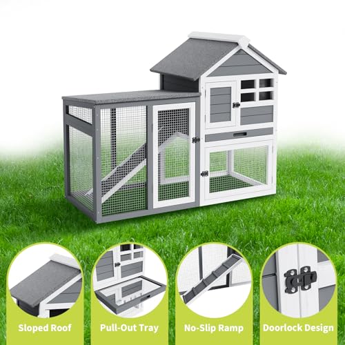 GarveeLife Small Wooden Chicken Coop, 2-Story Rabbit Hutch Indoor Outdoor with Waterproof Roof, Bunny Cage with Pull Out Tray and a Wooden Ramp