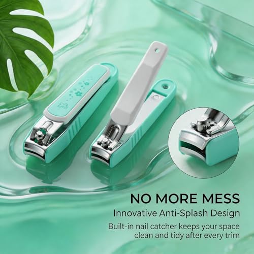PAFASON Ultra Sharp Nail Clipper Set, Fingernail and Toenail Trimmer Cutter, Stainless Steel, Curved Blade, Sturdy, Nail Catcher, Nail Files for Men and Women - color: Green