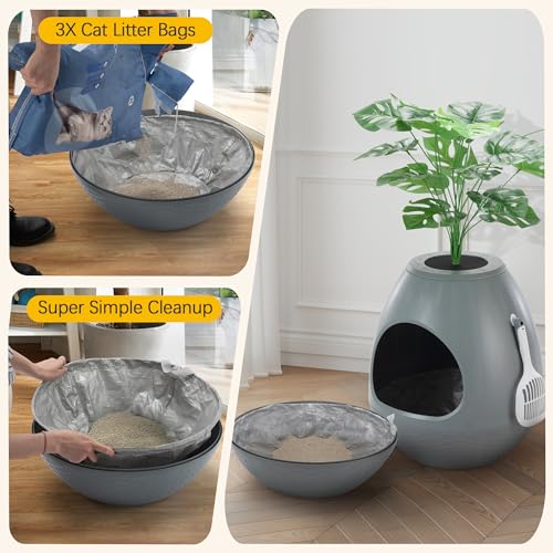 Egglao6 Hidden Cat Litter Box Furniture with Artificial Plants, Odor Removal System, 3PCS Cat Litter Box Liners, Cat Litter Scoop, Quick Assembly, Secret Kitty Enclosure, Extra Large (Grey) - color: Gray