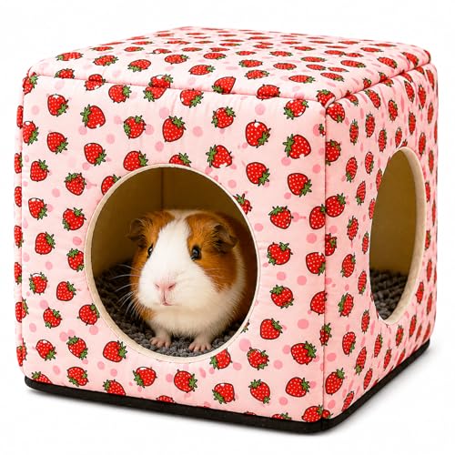 Guinea Pig Hideout House with Removable Cushion, Washable Small Animal Cube Bed, Cozy Bunny Hideaway for Guinea Pigs, Chinchillas, Hedgehogs, Hamsters & Dwarf Rabbits - color: Pink Strawberry