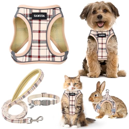 GAMUDA Small Dog Harness Collar and Leash Set, Step in No Chock No Pull Soft Mesh Adjustable Dog Vest Harnesses Plaid Reflective for Dogs Puppy Cats Kitten Rabbit (Beige, S) - color: Beige Red, size: S
