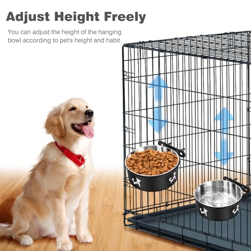 Dog Crate Water Bowl No Spill, 2 Pack Hanging Dogs Kennel Water Food Bowls, Stainless Steel Mountable Pet Bowl Metal Feeder Coop Cup Cage Accessories for Puppy Cat Rabbit Guinea Pigs Ferret Bird - color: Black