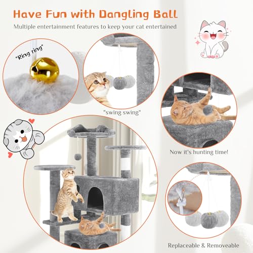 Sweetcrispy 54-Inch Cat Tree Tower – Multi-Level with Sisal Scratching Post, Perfect Pet Gift, Indoor Condo with Climbing Ladder, Plush Toy, and More Animal Stuff, Light Grey | Multi-Level with Indoor Cat Condo with Climbing Ladder, Plush Toy, Play House