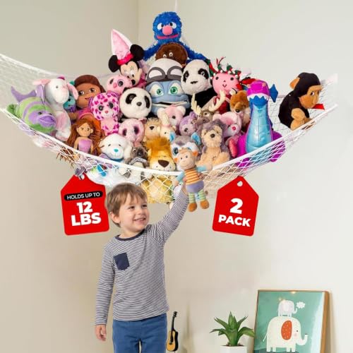 Stuffed Animal Hammock 2 Pack | Corner Stuffed Animal Storage & Plushie Net | Toy Hammock for Stuffed Animals | Holds 12lbs | Easy Hang, All Hardware Included | White Bedroom Decor | by Lilly's Love - color: White, size: 2 Pack (L) - 67" x 47" x 47"
