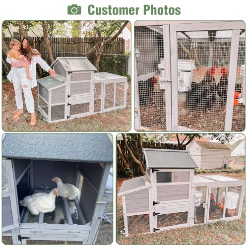 Mobile Chicken Coop with Wheels for 4-6 Chickens, Large Wooden Hen House Duck Cage with Run, Nesting Box, Easy Clean Pull-Out Tray, Waterproof Asphalt Roof - Grey, 78" L x 27.6" W x 45" H - size: 78.0"L x 27.6"W x 45.0"H