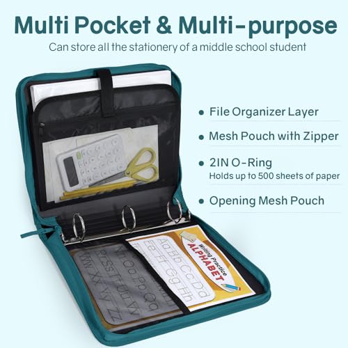 SUNEE Zippered Binder Bag with Handle, 2-Inch 3-Ring O-Ring, 500-Sheet Capacity, Includes Zip Pocket, 5-Tab Expanding File Folder, Multi-Pocket Organizer Binder for Middle School, Dark Teal-Green - color: Dark Teal-green