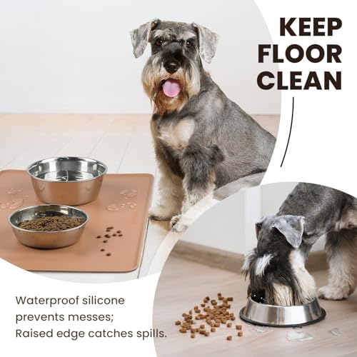 VIVAGLORY Pet Food Mat Flexmat Dog Bowl Mat, S, Khaki | Non Slip Silicone for Pet Kitten & Doggy, Placemat with Lip for Floor - color: Khaki, size: S (18.9 x 11.8in)