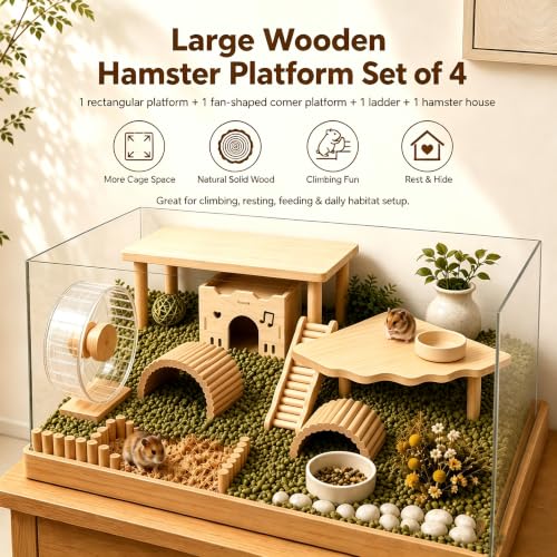 Large Hamster Platform Set Wooden Hamster Cage Accessories 4PCS | large size hamster cage platform natural wood hamster hide hamster accessories for Dwarf Syrian Hamsters Gerbils Mice Degus - color: 4PCS