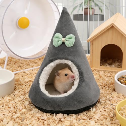Hamster Hideout Bed for Hamsters Gerbils Mice, Gray | Soft plush warm, non-slip bottom, thick filling keeps shape, cute tent shape, 5.9"x7.9", for small pets/hedgehogs