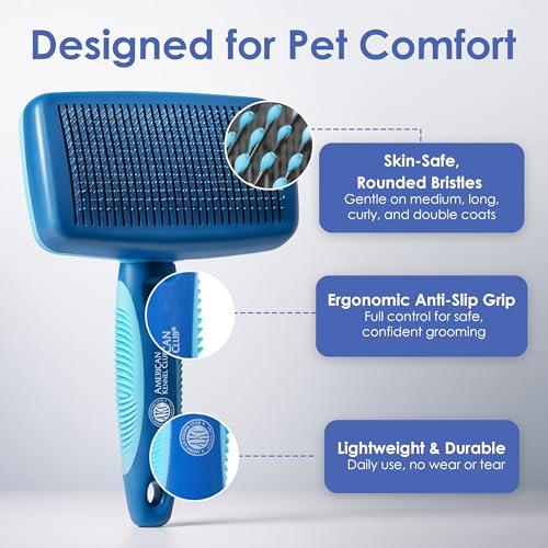 AKC Self-Cleaning Slicker Brush for Dogs & Cats, All Coat Types | Skin-friendly deshedding brush removes loose hair, mats and tangles with an easy-clean design. - style: Self Cleaning Slicker Brush
