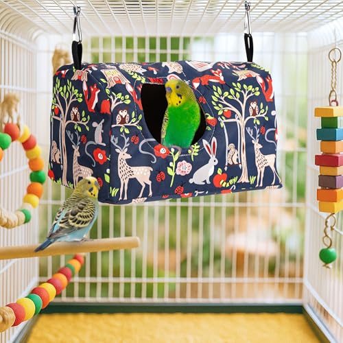 Bird Nest House Cage Hanging Hammock Shed Hut Hideaway Small Size | Snuggle Bird Cage Hanging Nest Tent Forest Animals Pattern Hideaway Bird Hut for Parakeet Cockatiel Conure Finches Love Birds - style: S