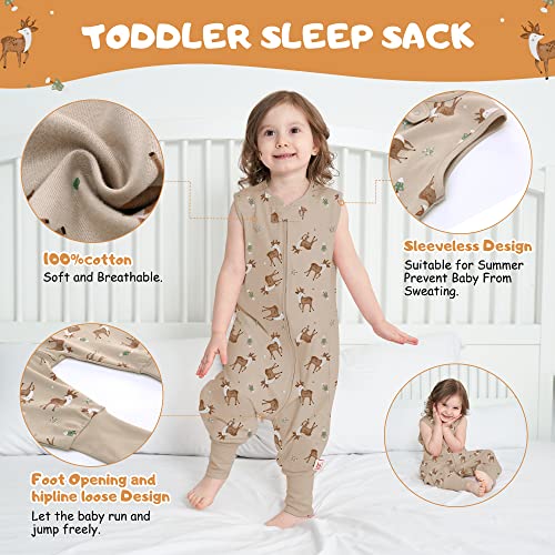 LAT Baby Sleep Sack,Summer Cotton Sleeveless Sleeping Sack Toddler with Legs,Baby Wearable Blanket with Zipper 6M-4T(2Pcs,Khaki Deer+Lion,1-2T)
