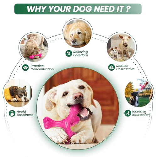Dog Chew Toys for Aggressive Chewers Large Breed,Indestructible Bones Toy，Durable Cleaning Toothbrush Natural Rubber Dog Toys… (Pink) - color: Pink