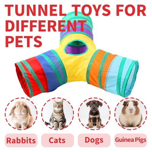 Pet Cat Tunnel, Y-3 Way Tunnels for Indoor Cats, Collapsible Pet Tunnel for Kitten, Puppy, Rabbit, 25cm-Wide Tunnels, Durable & Breathable, with Peek Hole Toy Ball - color: Y-junction Tunnel & Rainbow
