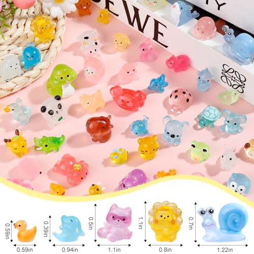 52Pcs Luminous Mini Resin Animals 52 Styles Miniature Glow in the Dark Resin Animal Figures to Hide Tiny Small Little Ducks Turtles Dinosaurs and Frogs for Micro Landscape Dollhouse Fairy Garden Decor - style: 52Pcs-Luminous