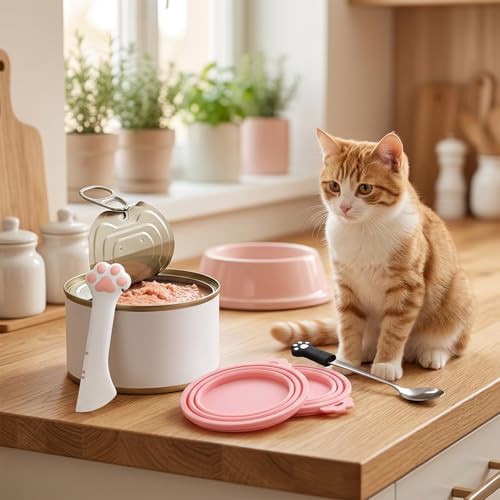 4 PCS Pet Food Can Accessory Set, Reusable Pink Silicone Can Lids with Feeding Shovel and Stainless Steel Spoon for Cat Dog Wet Food Storage