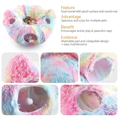 Cat Tunnel Bed, Collapsible Cat Tunnel with Washable Cushion,3-in-1 Multi-Functional Play Tunnel with Peek Holes & Ears, Indoor Playhouse for Cats Kittens Rabbits Small Dogs,Gift for Pet - color: Rainbow