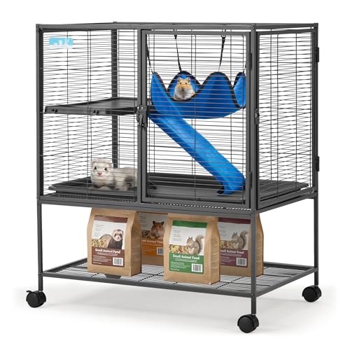 Fragess Large 36.5" Rolling Metal Cage, 2-Tier Small Animal Cage for Ferrets, Chinchillas, Rats, with 0.5'' Bar Spacing, Removable Ramp & Platform (Medium)