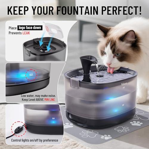Veken 85oz/2.5L Cat Water Fountain with Detachable Tank & Secure Clips | Easy to Clean & Assemble, Quiet Operation & LED Light, Pet Drinking Dispenser, Gifts, Cats, Dogs and Small Pets, Black - color: Black