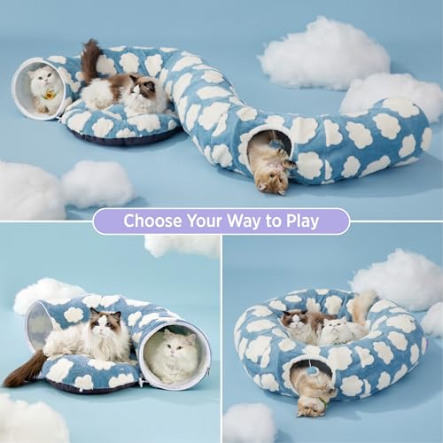 Lesure Donut Cute Jacquard Large Cat Tunnel Bed Kitten Toys for Dog Bunny | 39.5x39.5x10in,Round Large Cat Bed Tube for Multi Kittens,Pet Peekaboo Cave Toy,Spiral Hideaway,Washable Cushion,Blue - color: Cozy Clouds Blue, size: large (39.5"L x 39.5"W x 10"