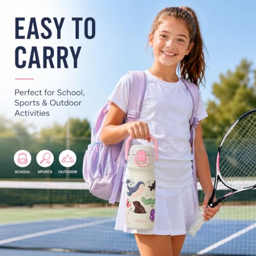 18oz Insulated Stainless Steel Kids Water Bottle for School, Animal | 2-in-1 Straw & Spout Lid, Leak-Proof, BPA-Free, for Girls & Boys, White - color: 18oz White-Animal