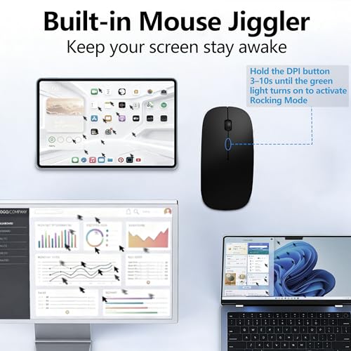 Slim Bluetooth Wireless Mouse with Jiggler - Black | Rechargeable Portable Mouse, BT5.2 & 2.4G, USB-C/USB-A Receiver, Adjustable DPI for MacBook, iPad, Laptop & PC - color: Black
