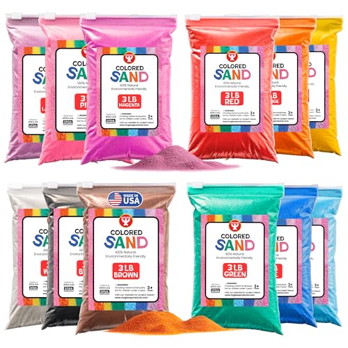 Hygloss Colored Sand for Crafts -12 Assorted Colors Bags - 3 lb Vibrant Colorful Fine Sensory Play Sand Art Kits for Kids - Classroom Activities for Children 3 4 5 6 7 8 9 10 11 12 - Safe for Ages 3+ - color: 12 Assorted Colors- BAGS, size: 3-Pound