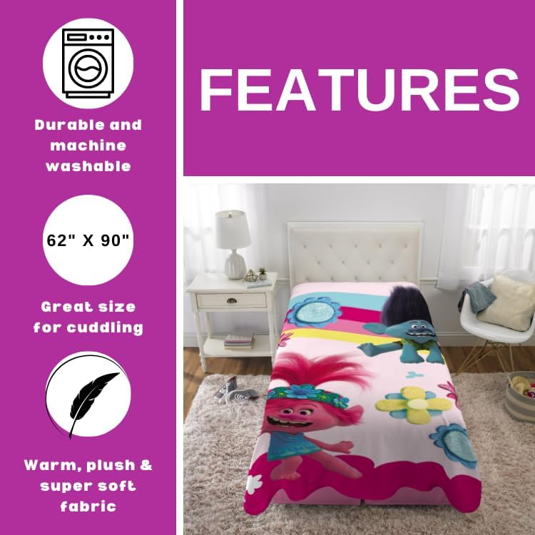 DreamWorks Trolls 2 Kids Bedding Super Soft Plush Micro Raschel Blanket, 62 in x 90 in, (Officially Licensed Product) By Franco - color: Trolls 2, size: 62 in x 90 in