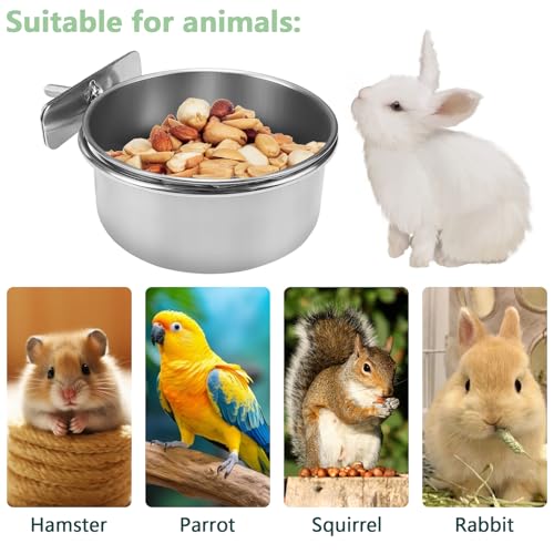 2 Pack Stainless Steel Bird Food Bowls with Clamp - Rust Proof Metal Feeding Cups for Parrot Cage, Easy Clean Water Dish for Cockatiel Conure Budgie Parakeet Small Animal (3.9 Inch, Silver)