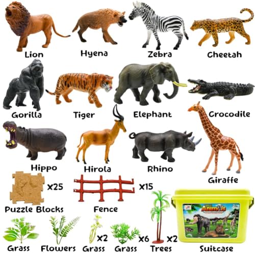 65PCS Safari Jungle Animals Figures Toy with Building Blocks for Kids 3-8 | Realistic African Wild Animals with Fence & Storage Box, Zoo Learning Toys Christmas Birthday Gift for Boys Girls - style: Safari Animals Playset