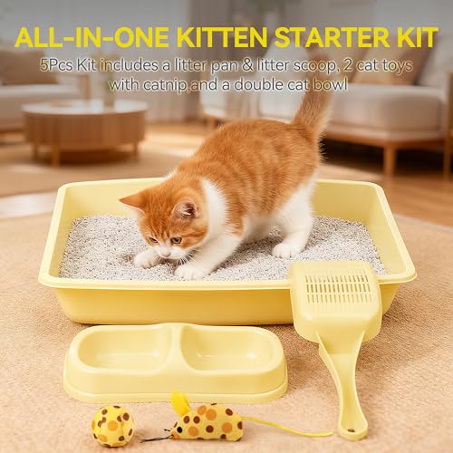 PAWISE Cat Litter Box Set, Small Kitten Starter Kit, Includes Litter Box, Litter Scoop, Double Dish Feeding Bowl, Cat Mouse Toy, Kitty Ball Toy, Yellow - color: Yellow