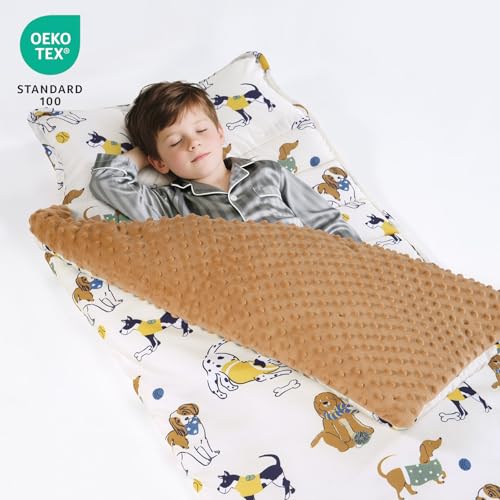 david's kids Minky Toddler Nap Mat with Pillow and Minky Fleece Blanket, 55"x23",Ultra Soft Slumber Bags for Kids, Perfect for Preschool, Daycare, Kids Sleeping Bags with Rollup Design, Dog - color: Dog