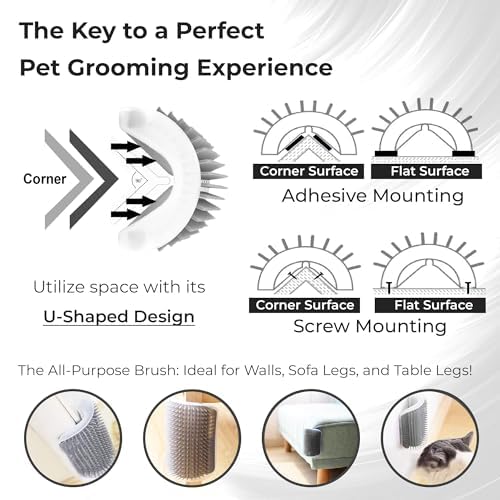SunGrow Self-Grooming Brush for Ferrets & Cats, Light Gray Self Massager, Mountable to Corners and Flat Surfaces, Includes Brush, Catnip, Screws and Adhesive Tape (2 Pieces)