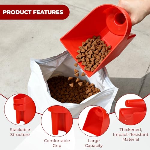 3 Quart Enclosed Feed Scoop Livestock – 2 Pack Stackable Pet Food Red Scoops, Durable Super Heavy-Duty Plastic Grain Scooper for Dog, Cat Litter, Flour, Rice, Chicken, Garden Soil, Barn, Ranchers Farm