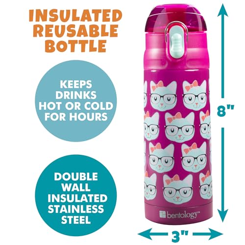 Bentology Stainless Steel 13 Oz Reusable Water Bottle for Kids, Kitty Cat | Double Wall Insulated, Spill Proof Lid W/Built-in Straw- Keep Liquids Hot or Cold- Easily Fits in Lunch Boxes & Bags - color: Kitty Cat