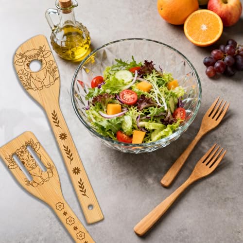 GLOBLELAND 6 Pcs Cartoon Highland Cattle Wooden Spoons Utensil Set Flowers Animals Bamboo Carving Kitchen Cooking Utensils Wooden Engraved Cooking Spatula Sets for Kitchen Fun House Warming Gift - color: Highland Cattle